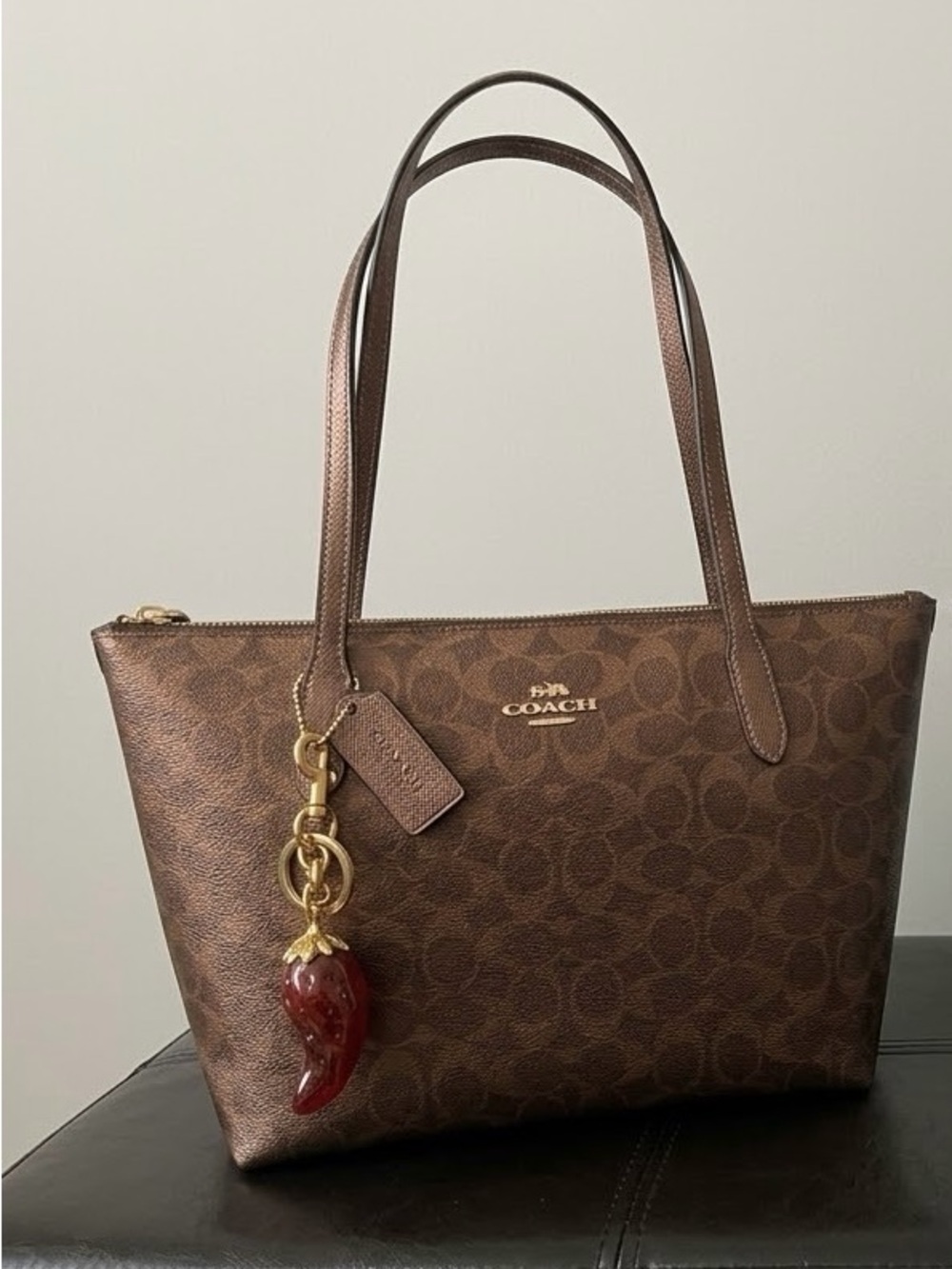 Coach Fiona Copper Tote + Chilli pepper charm and inner felt bag